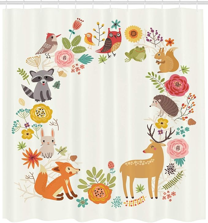 Ambesonne Forest Shower Curtain, European Forest Fauna and Flora with Deer Fox Raccoon and Roses Cartoon Wildlife, Cloth Fabric Bathroom Decor Set with Hooks, 69" W x 75" L, Ecru Mustard