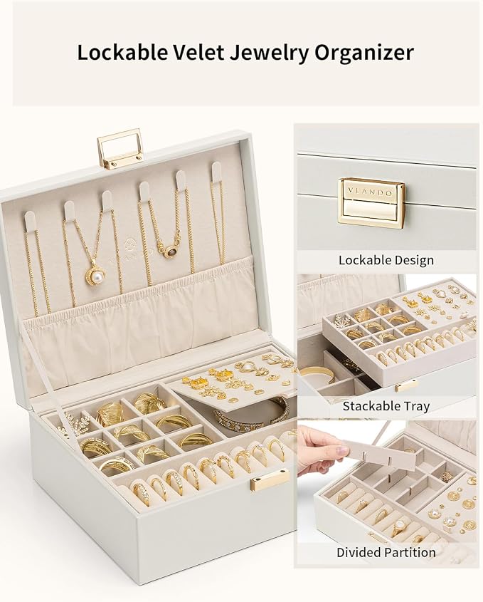 VLANDO Jewelry Box for Women, Gift for Women Girls,2 Layer Jewelry Box,Large Jewelry Organizer for Women Removable Jewelery Tray for Necklace Earrings Rings (Cloud White)