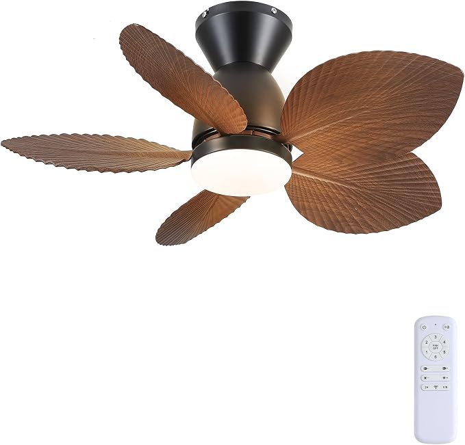 Kviflon Tropical Ceiling Fans with Lights and Remote Control, 30 Inch Low Profile Flush Mount Ceiling Fans, Palm Leaf Ceiling Fan with Light for Small Room Indoor Outdoor, Brown
