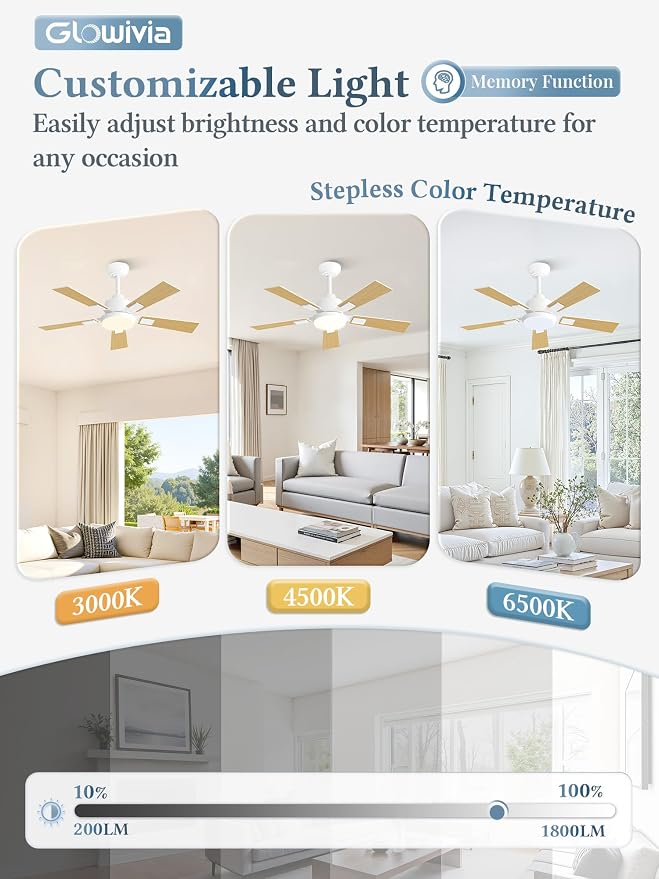 42 Inch Ceiling Fans with Lights and Remote&APP Control, White Smart Ceiling Fan with 3000-6000K Dimmable, 6 Speeds Quiet Reversible Motor, Indoor/Outdoor Ceiling Fan for Bedroom Living Room