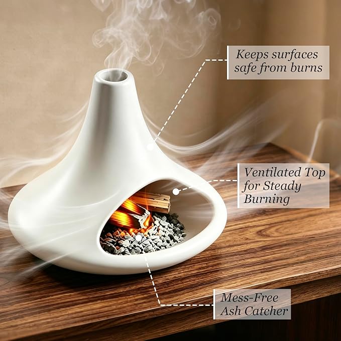 Palo Santo Holder Ceramic Burner, Mini Chiminea Smudge Bowl with Ash Catcher for Palo Santo Sticks, Incense Cones & Candles, Minimalist for Meditation, Yoga, Cleansing Ceremony, Handmade (Matte White)