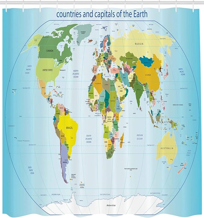 Ambesonne World Map Shower Curtain, World Map with Countries and Capital Cities Earth with Oceans Lakes Graphic Art, Cloth Fabric Bathroom Decor Set with Hooks, 69" W x 70" L, Pale Blue