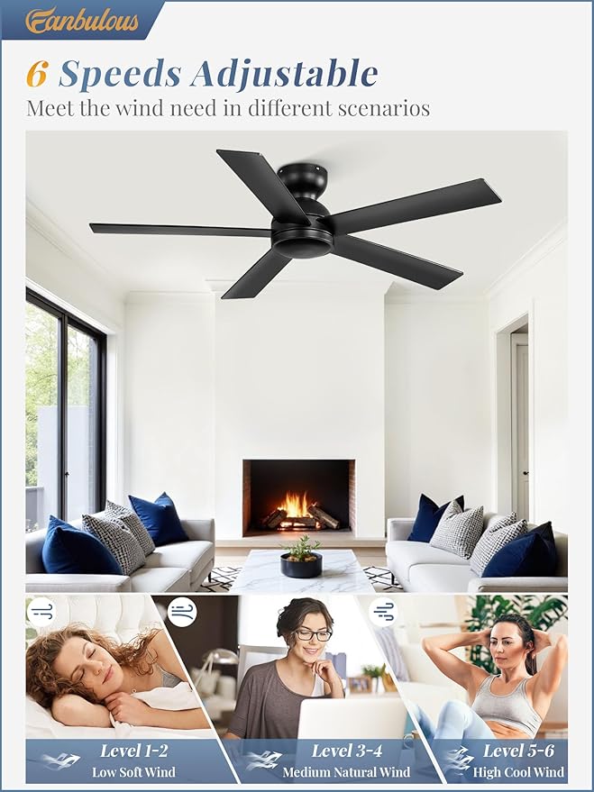 2 Pack 48 Inch Low Profile Ceiling Fan no Light, Black Ceiling Fan without lights, 6-Speeds, Quiet Reversible DC Motor, Indoor/Outdoor Ceiling Fans without Lights for Patio, Living Room, Bedroom