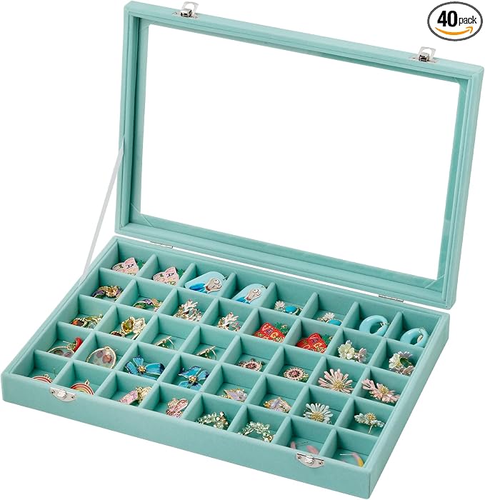 Frebeauty 40 Grid Earring Organizer,Velvet Jewelry Tray with Clear Lid | Drawer Jewelry Organizer for Rings Studs Beads,Adjustable Dividers,Dustproof,Earring Storage,Trinket Box,13.8×9.5Inches
