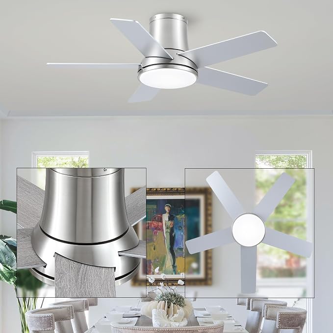 42 Inch Pro Brushed Nickel Flush Mount Ceiling Fans with Lights and Remote | 3CCT Dimmable LED, 6 Speed, Quiet DC Motor, 3-Level Timer Function, Forward/Reserve For all Seasons, Indoor/Covered Outdoor