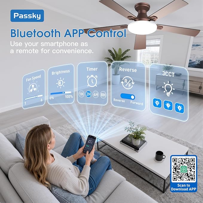 Passky Ceiling Fans with Lights, 52 inch Flush Mount Ceiling fan with Remote Control, Low Profile Ceiling Fan for Bedroom, Farmhouse, Reversible, 3CCT, Dimmable, Noiseless DC Motor, Brown