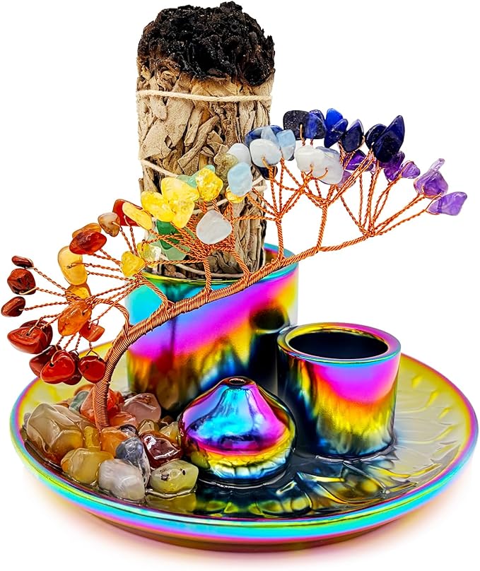 5 in 1 Incense Burner Holder with Crystal Tree for Burning Palo Santo Stick, Sage, Incense Sticks, Candle, Ceramic Tray Ash Catcher, Meditation Gift (Colorful)