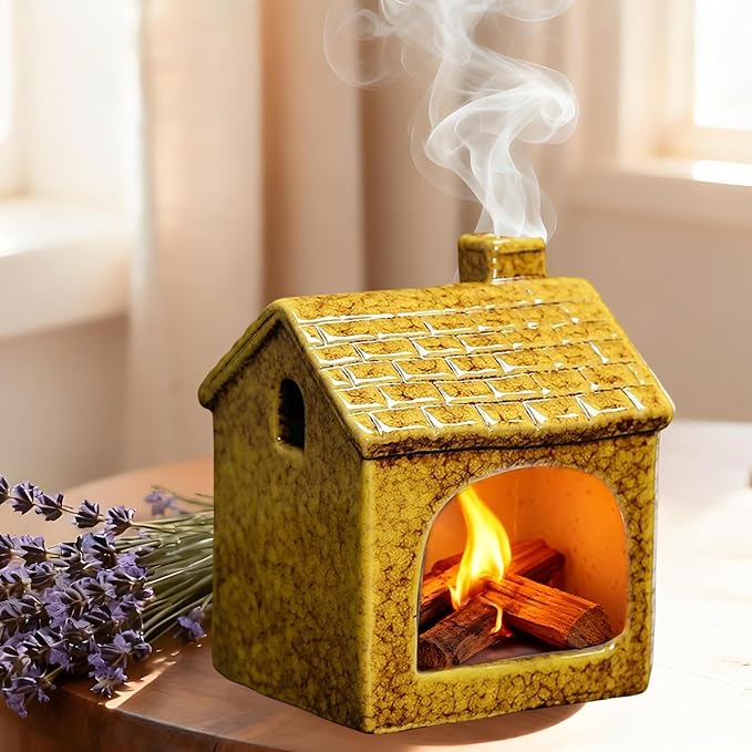 Ceramic Mini Chiminea Palo Santo Burner | Sage & Incense Cone Holder | Stable Smudge Bowl for Zen Altar, Meditation, Yoga | Home Decor & Gift (Yellow)