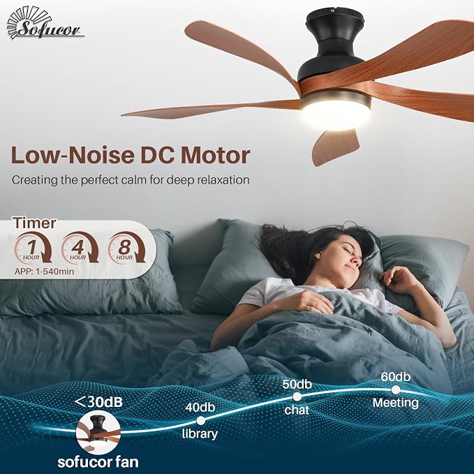 Sofucor Smart 42'' Low Profile Ceiling Fan with Lights and Remote, Flush Mount Ceiling Fan Work with APP/Alexa/Google for Farmhouse Bedroom Living Room Patio, Dimmable LED Quiet Reversible DC Motor