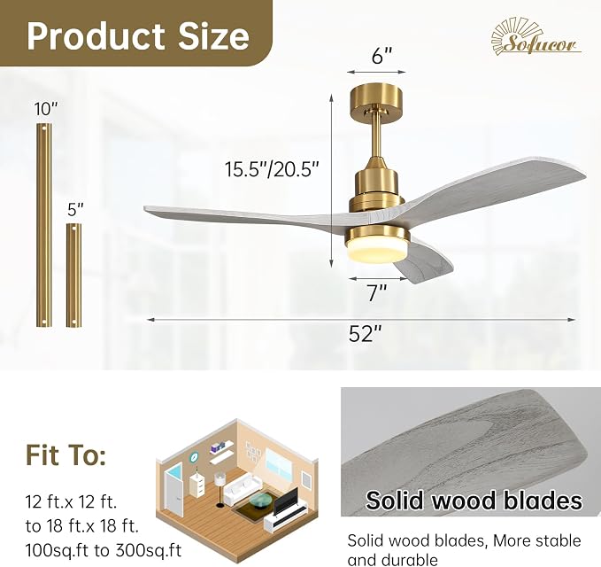 Sofucor 52 Inch Ceiling Fan with Light and Remote - 3 Solid Wood Blades, Quiet DC Motor, 6 Speeds 5000CFM, Dimmable Tri-Color LED with Memory, Timer & Reversible for Living Room Bedroom, ETL, Gold