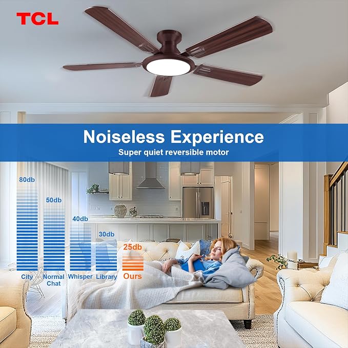 TCL 52" Ceiling Fan with Light: Wood Grain Blades Copper Bronze Finish Low Profile Ceiling Fan with Light and Remote Control Flush Mount DC Reversible Motor Noiseless 6 Speeds for Bedroom(Brown)