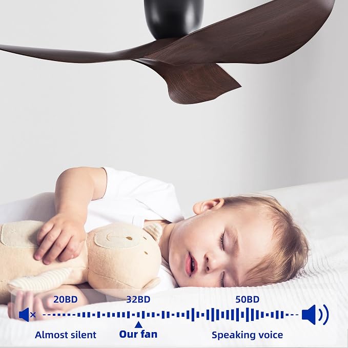 52" Black Walnut Grain Flush Mount Ceiling Fan, Remote No Light | Modern Low-Profile, Heat Resistant ABS Blades, 6-Speed Reversible Quiet DC Motor for Balcony, Living Room, Bedroom