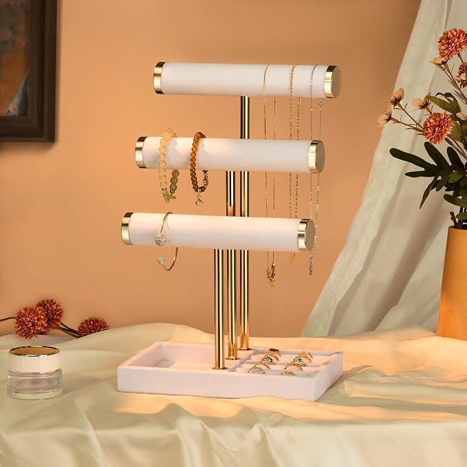 Jewelry Organizer Stand Display, 3 Tier Velvet Bracelet Holder, White | Jewelry Organizers and Storage | Jewelry Tree | Jewelry Towers for Necklaces, Bracelets, Earrings, Rings