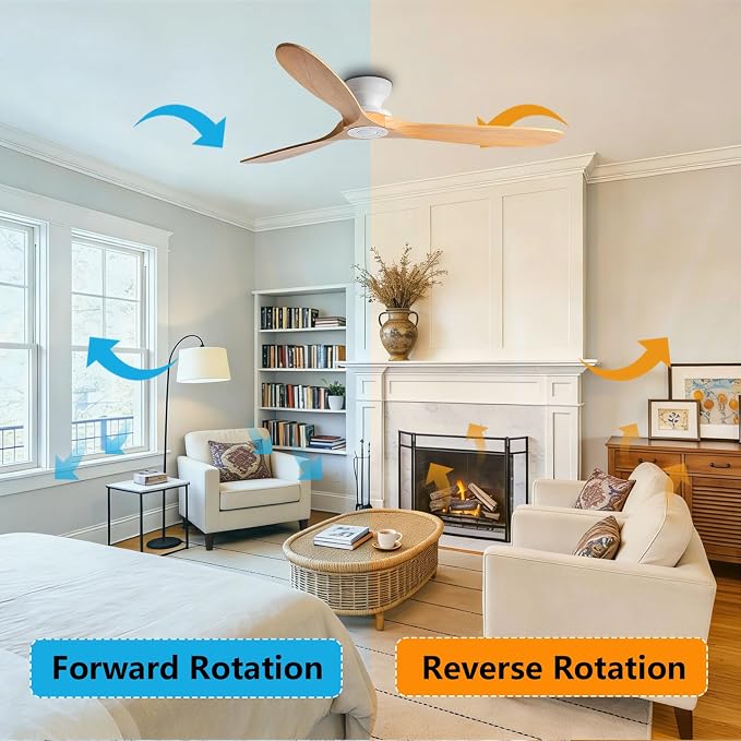 Solid Wood 52in Ceiling Fan Without Lights Flush Mount Ceiling Fans with Remote Control 6 Speeds, Wood Blades Modern Ceiling Fan No Light for Bedroom/Farmhouse/Patio/Indoor