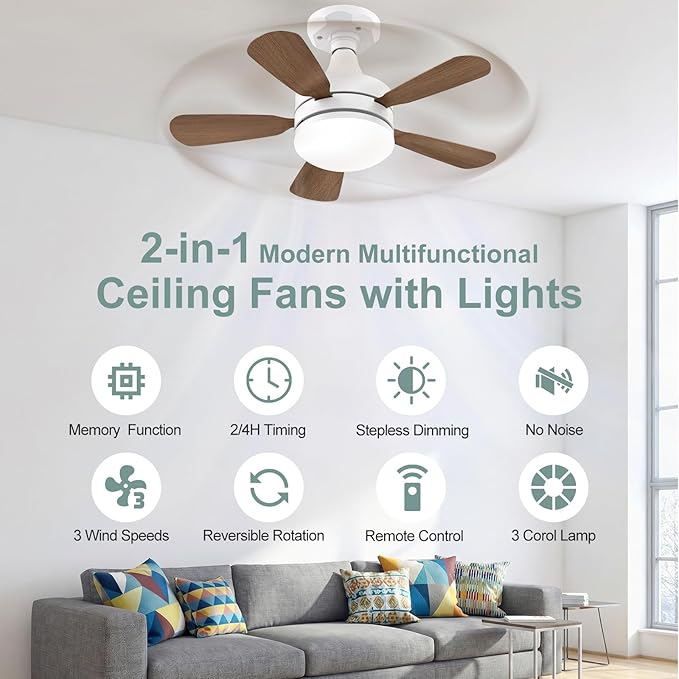 17.7" Socket Fan Light, E26/E27 Light Bulb Fan with Reversible Motor, 3000 Lumens Small Ceiling Fans with Lights and Remote, Dimmable 3000K-6500K for Bedroom Kitchen Living Room Garage