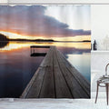 Ambesonne Landscape Shower Curtain, A Sunset Over an Old Oak Deck Pier and Calm Water of The Lake Horizon Serenity Work of Art, Cloth Fabric Bathroom Decor Set with Hooks, 69" W x 84" L, Dark Mauve