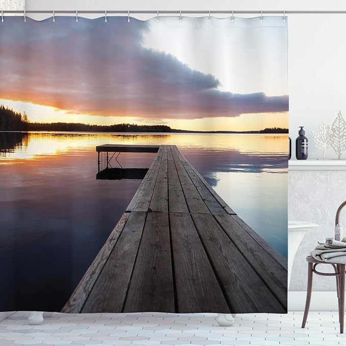 Ambesonne Landscape Shower Curtain, Sunset Over an Old Oak Deck Pier and Calm Water of The Lake Horizon Serenity, Cloth Fabric Bathroom Decor Set with Hooks, 69" W x 75" L, Dark Mauve