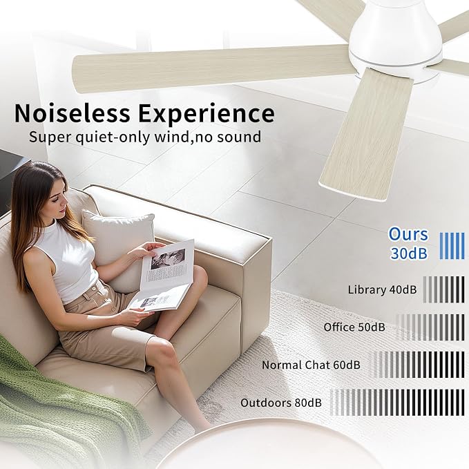 POCHFAN 60 Inch White Ceiling Fans with Lights and Remote, LED Low Profile Flush Mount Ceiling Fan for Bedroom, Living Room, Quiet DC Motor, Dimmable 6 Speeds