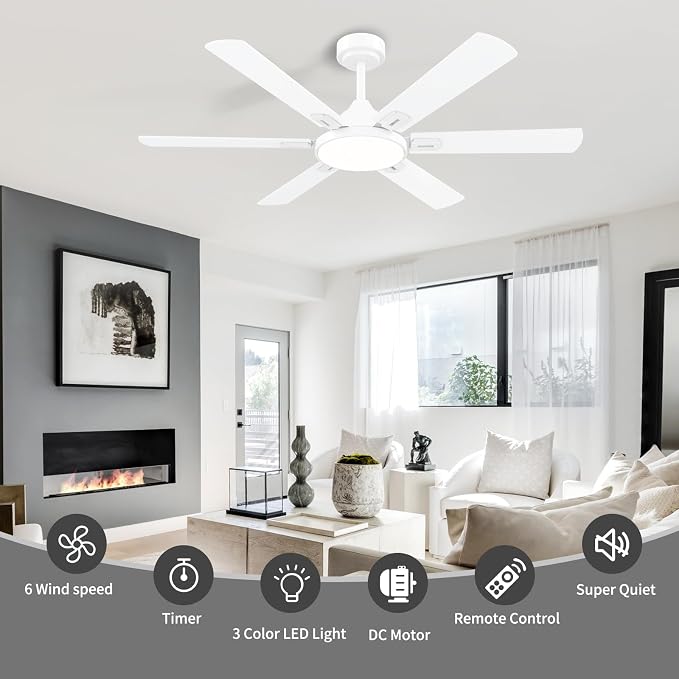52 Inch Ceiling Fans with Lights, 6 Wooden Blades, White | Remote Control, Reversible Quiet DC Motor, 6-Speed, 3CCT Dimmable LED, Timer for Living Room, Bedroom, Office