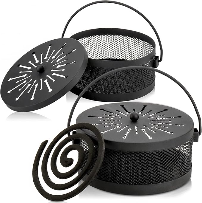 Elsjoy 2 Pack Mosquito Coil Holder with Lid and Handle, Portable Incense Coil Burner Metal Mosquito Incense Holder for Indoor & Outdoor Camping