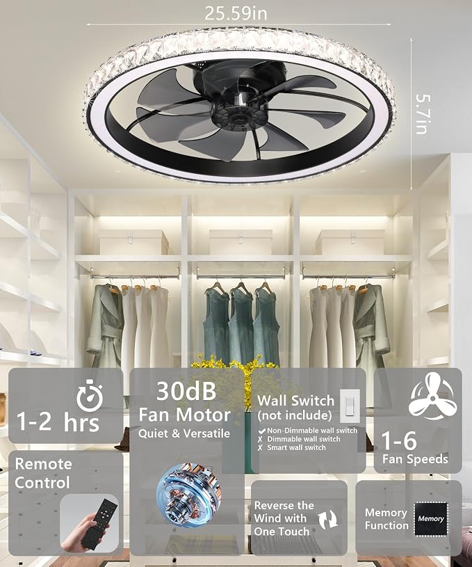 Aipsun 26" Low Profile Modern Crystal Chandelier Ceiling Fans with Lights and Remote, 3000K-6500K Smart Bladeless LED Fan Light, Black Modern Ceiling Fans with Lights for Bedroom