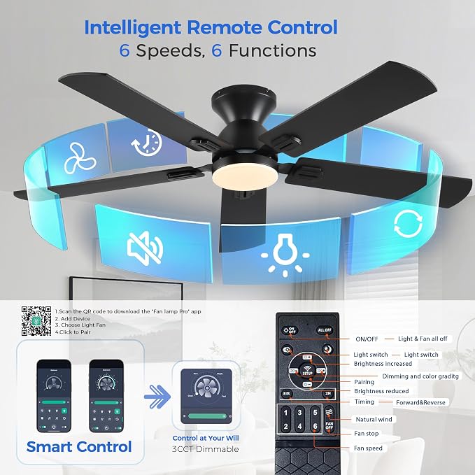 Ayaoty Ceiling Fan with Light - 52" Black Flush Mount Fandliers | 3CCT Dimmable, Reversible, Low Profile Fan Light for Indoor Modern Bedroom, Kitchen