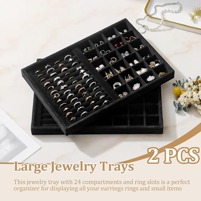 Large Velvet Jewelry Tray 2 Pack Stackable Jewelry Display Drawer Inserts Trays Organizer for Earring Bracelet Necklace Ring (Black, Ring and 24 Grids)