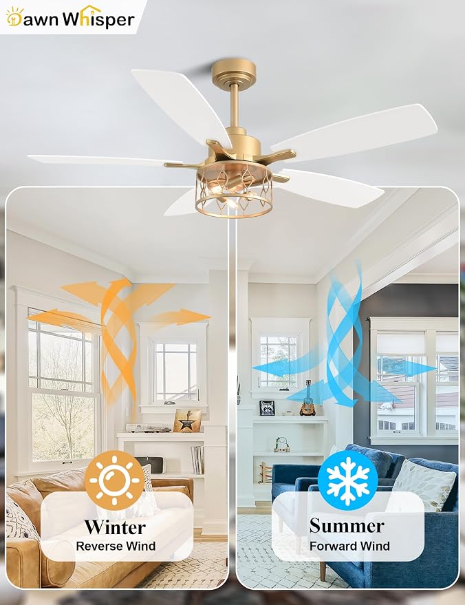 Dawn Whisper 52 Inch Modern Farmhouse Ceiling Fans with Lights White and Gold Rustic Caged Ceiling Fan for Bedroom Living Room Quiet and Reversible DC Motor