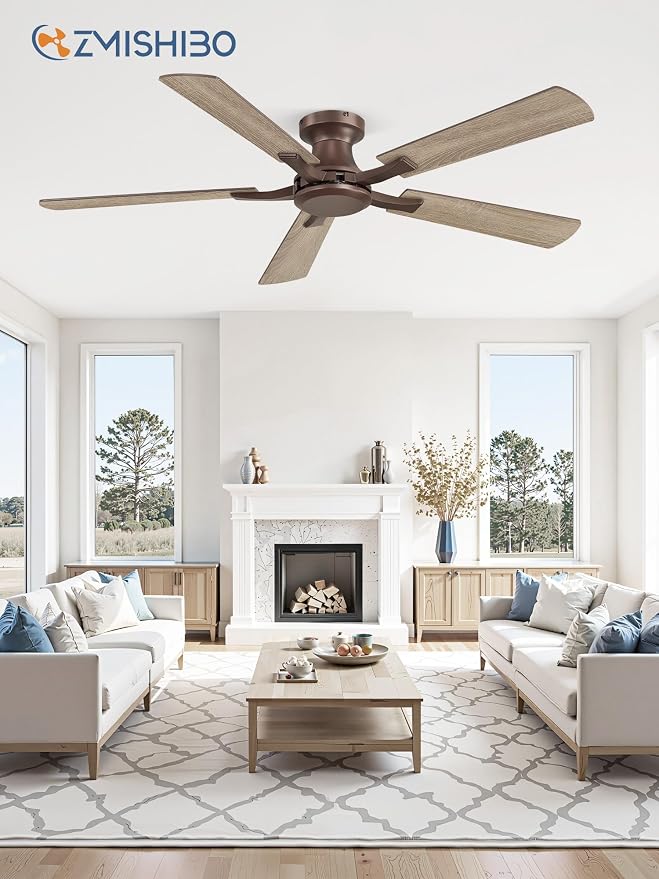 ZMISHIBO 52 Inch Ceiling Fan No Light, Flush Mount Low Profile, Farmhouse Brown Ceiling Fan Without Light, Remote Control & Quiet DC Motor, for Indoor&Outdoor, Bedroom, Living Room