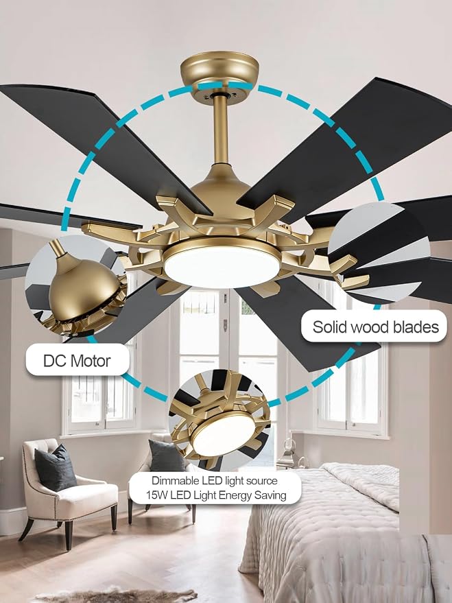 60" Black and Gold Ceiling Fan with Lights and Remote, LargeFandelier Ceiling Fan Modern Chandelier 3CCT LED Light for Living Room Indoor Porch, Reversible Quiet DC Motor 6 Speeds