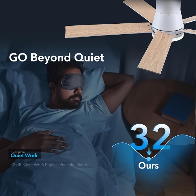 Rayqueen 52 Inch Flush Mount White Ceiling Fans with Lights and Remote | 6 Speed Reversible DC motor,3-color temperature dimmable LED.For indoor/covered outdoor.Modern style for bedroom room