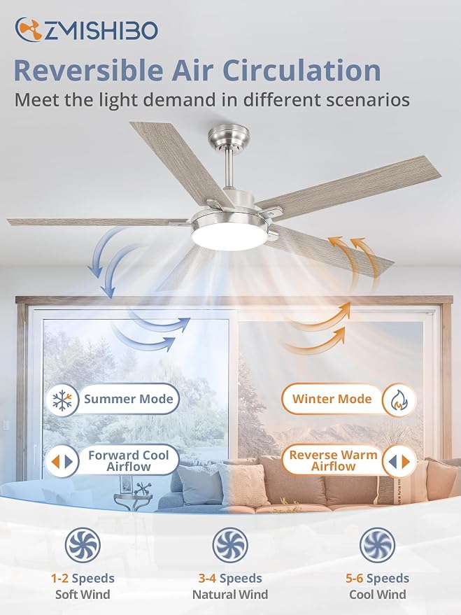 ZMISHIBO 60 Inch Ceiling Fans with Lights, Smart Remote/APP Control, Modern Ceiling Fan with 6 Speeds & 3CCT, Dimmable 30W LED, Quiet DC Motor, Noiseless for Living Room, Bedroom, Kitchen, Nickel