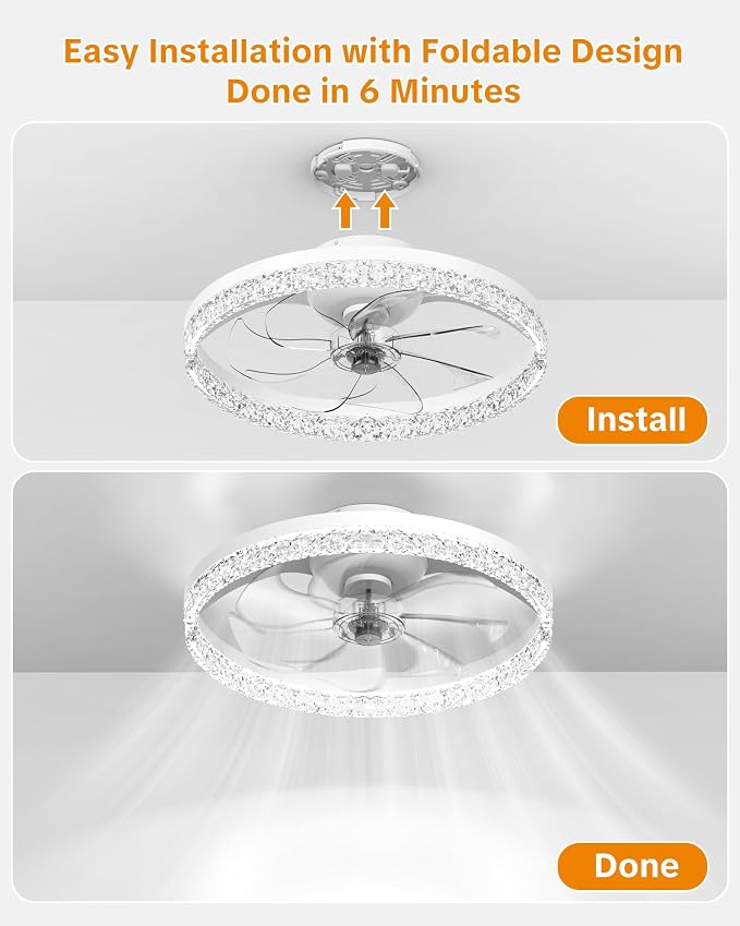 Ceiling Fans with Lights and Remote, Low Profile Ceiling Fan, Morden Flush Mount LED Fan Light, 3000K-6500K Dimmable for Bedroom, Kitchen, Living Room, Srystal, White