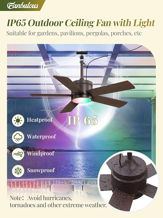 Fanbulous 42" Outdoor Ceiling Fans with Lights, APP Remote Control, IP65 Waterproof, RGB Dimmable Light, Plug-and Play,10FT Cord, 6-Speeds, 3CCT, Hook Hanging Fan for Gazebo Patio Canopy(Oil-Bronze)