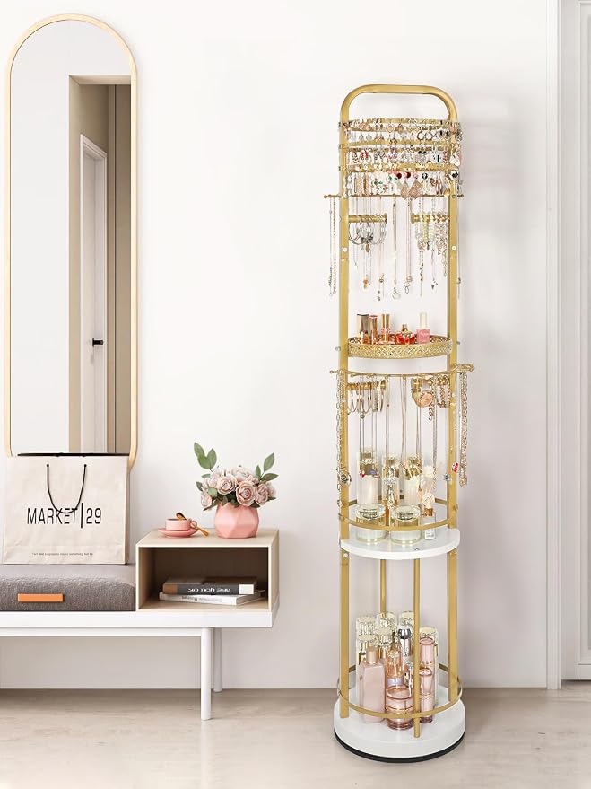 Jewelry Holder Organizer, Floor Jewelry Organizer with Earring Organizer Necklace Holder, Rotating Jewelry Stand Necklace Display Earring Storage, Large Hanging Jewelry Tree for Jewlery Bracelet Ring
