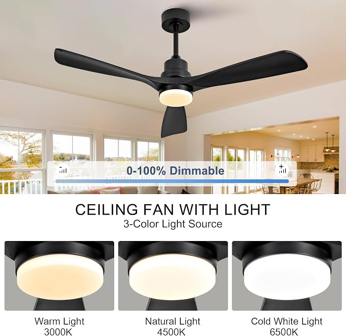 52 Inch Black Ceiling Fans with Lights and Remote,Dimmable,Quite Reversible DC Motor,Memory Function,Modern Solid Wood Indoor Outdoor Ceiling Fan with light for Patio Bedroom