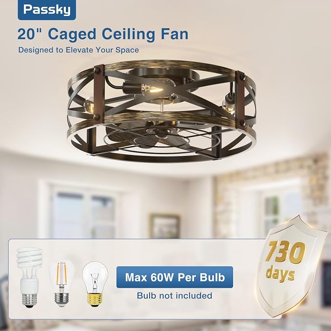 Passky 20" Farmhouse Flush Mount Ceiling Fans with Lights and Remote, Industrial Black Caged Low Profile Fandelier, 6 Speeds Bladeless Ceiling Fan for Bedroom, Kitchen, Living Room