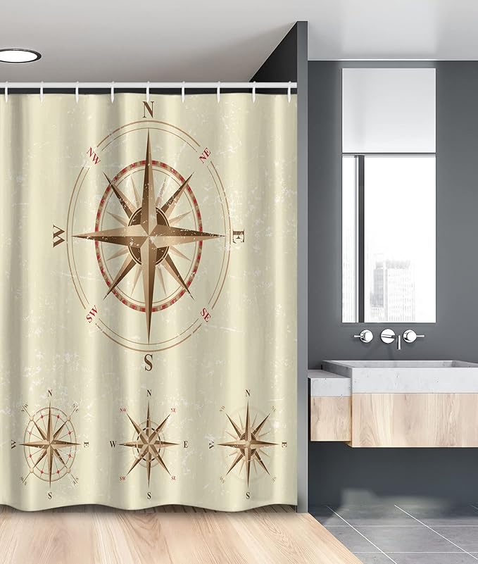 Ambesonne Compass Stall Shower Curtain, 4 Different Compasses in Retro Colors Discovery Equipment Where Nautical Marine, Fabric Bathroom Decor Set with Hooks, 54" W x 78" L, Beige Tan