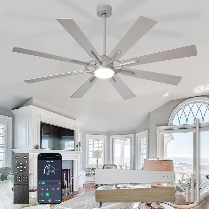Large Ceiling Fans with Lights: Modern 66 Inch 8 Blade Outdoor Ceiling Fan with Remote APP Control - Dimmable Big Fan light Indoor Reversible 6 Speed Quiet DC Motor