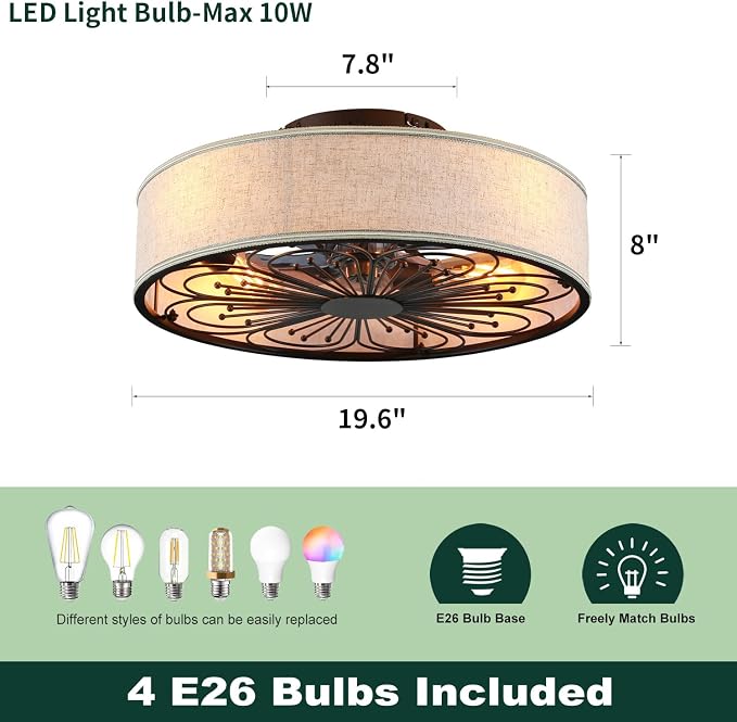 20" Boho Rattan Caged Ceiling Fan with Light,Low Profile Flush Mount Bladeless Ceiling Fan with Remote Control, 6 Speeds Reversible Silent Motor, Farmhouse Fabric Fandalier for Bedroom,Living Room