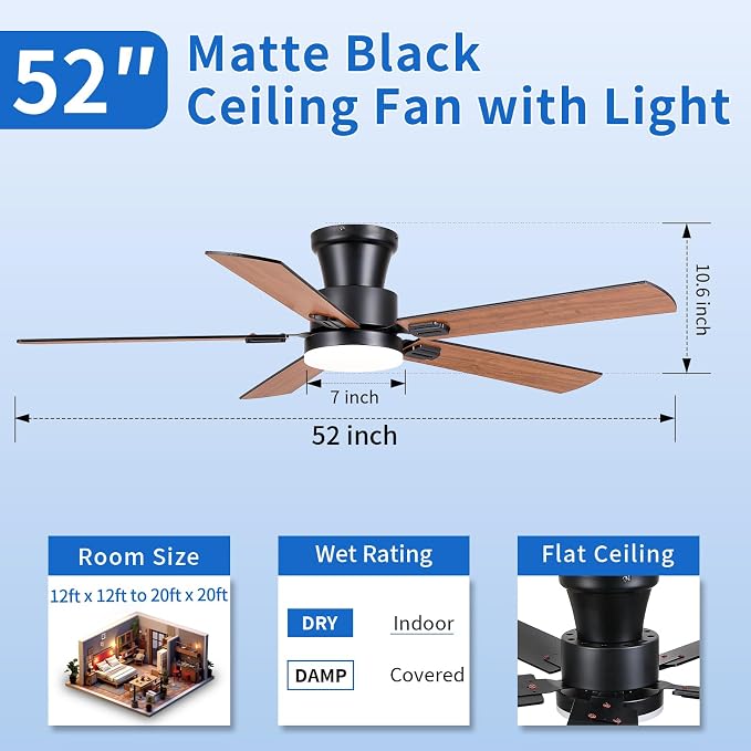 NKPU 52" Ceiling Fans with Lights, Low Profile Ceiling Fan with Light and Remote/APP Control, 6 Speed, Dimmable, Safe Quiet DC Motor, Brown Flush Mount Ceiling Fan for Bedroom Indoor/Outdoor Use