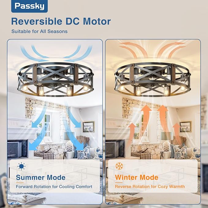 Passky 24" Farmhouse Flush Mount Ceiling Fans with Lights and Remote, Industrial Black Caged Low Profile Fandelier, 6 Speeds Bladeless Ceiling Fan for Bedroom, Kitchen, Living Room