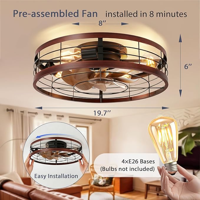 VOLISUN Farmhouse Caged Ceiling Fans with Lights Flush Mount, 19.7'' Rustic Low Profile Ceiling Fan with Light and Remote, Bladeless Fandelier Ceiling Fans with Lights for Kitchen, Bedroom(Wood)