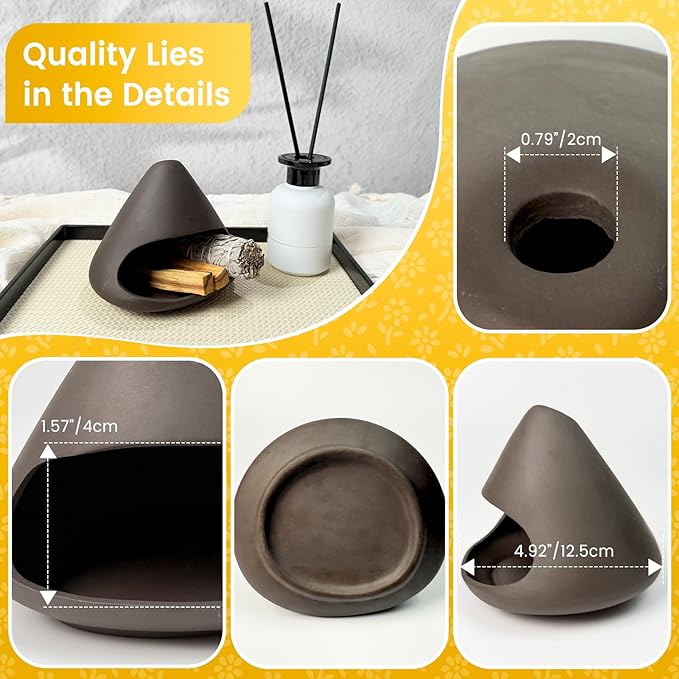 Handcrafted Palo Santo Burner Holder - Ceramic Incense Holder Burner- Palo Santo Chimney Smudge Bowl for Sage, Copal -Perfect Anxiety Relief Gift for Women, Zongzi Style, Black
