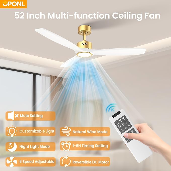 OPONL Ceiling Fan with Light, Ceiling fan with Light and Remote Control, Reversible, 6CCT, Dimmable, Noiseless, Ceiling Fan for Bedroom, Indoor/Outdoor Use, White, 52 inch, Wood