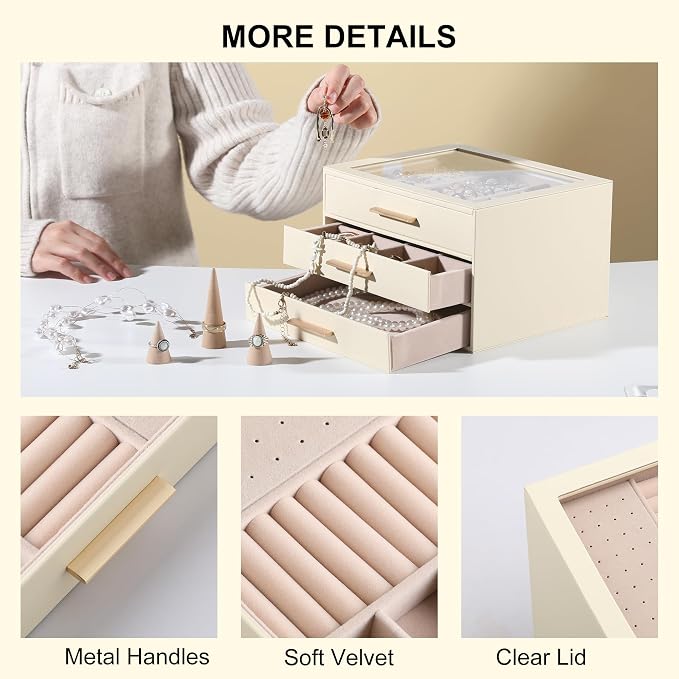 Frebeauty Jewelry Box for Women,Clear Lid Jewelry Organizer with 3 Drawers | Faux Leather,Velvet Lining,3 Layers,Jewelry Storage for Ring Earring Stud,Dustproof Design,Gift Choice,Golden Stylish Handle