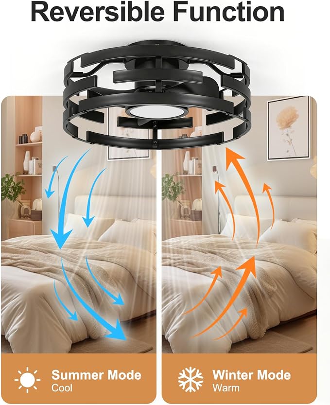 Roomratv Black Fandelier Flush Mount Ceiling Fan with Lights, 20" Low Profile Caged Ceiling Fan with Remote, Modern Enclosed Bladeless Fan Light Fixtures for Bedroom Living Room
