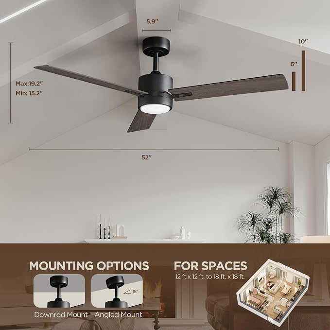 Ceiling Fan with Light Remote: 52 Inch Modern Bedroom Fans with Dimmable Tri-Color Temperature LED - Quiet Reversible DC Motor - Indoor Outdoor