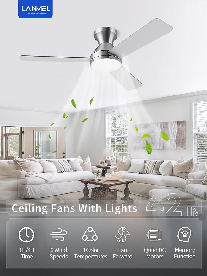 LANMEL Ceiling Fan with Light, Modern Flush Mount Low Profile with Remote Control, Reversible, 3CCT Dimmable, Quiet,LED for Bedroom, Living Room, Indoor/Outdoor Patio Use 42 Inch Silver