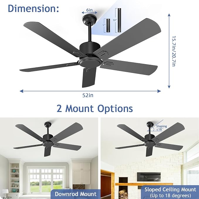 Obabala 52 Inch Ceiling Fan No Light, Outdoor Indoor Flush Mount Low Profile DC Motor Fan with Remote and APP, 5 Blades Reversible Silent Fan for Patio, Bedroom, Living Room, Garage, Black